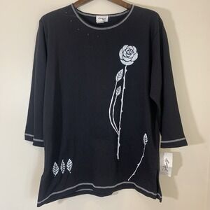 Vintage Easy Apparel Womens Tunic Top XL Black Floral Glitter Accent Y2K Stretch